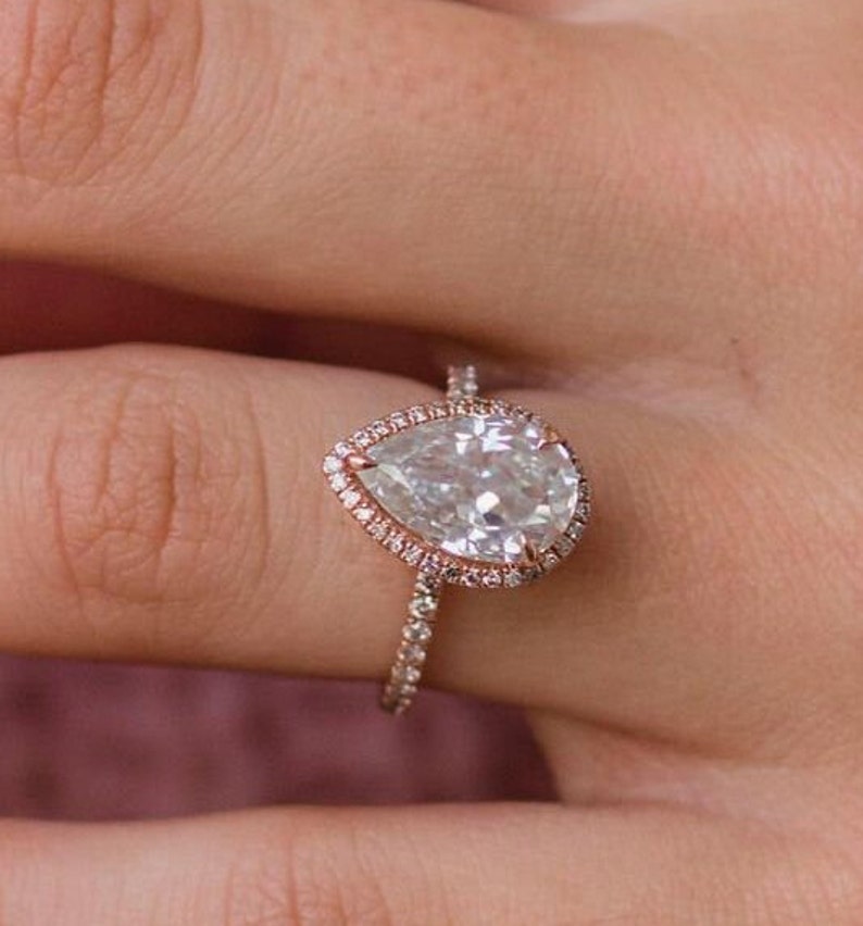 3.45ct Pear Cut Halo Moissanite Diamond Pave Engagement Ring