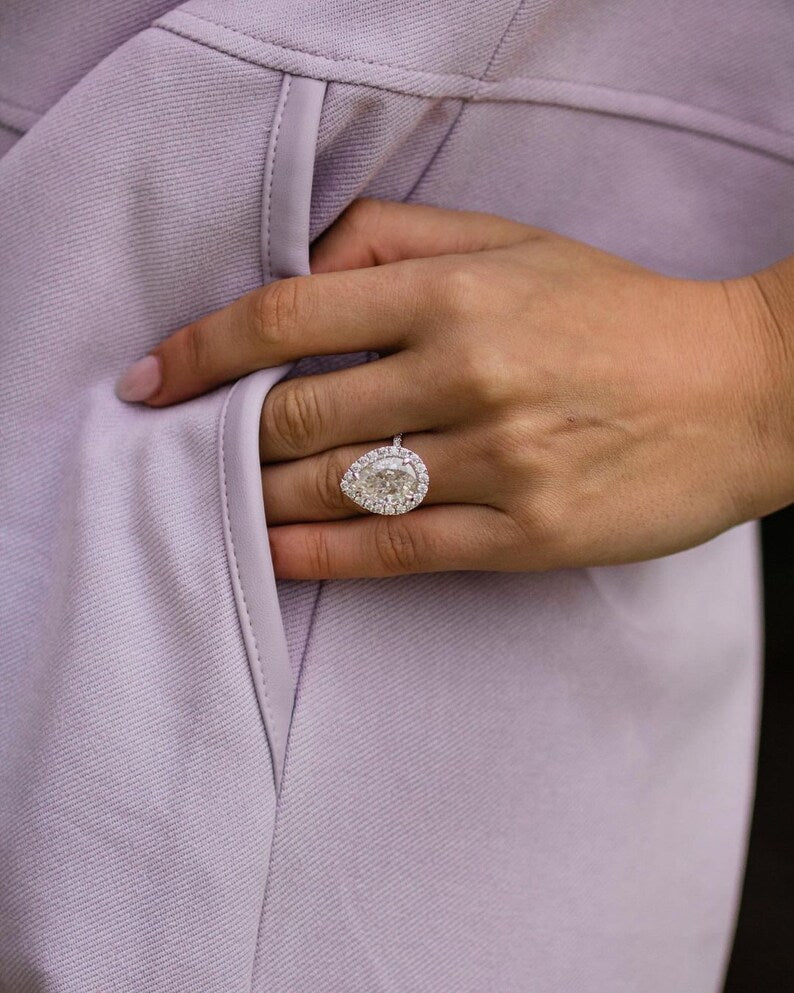 6.16ct Pear Cut Halo Moissanite Diamond Pave Engagement Ring