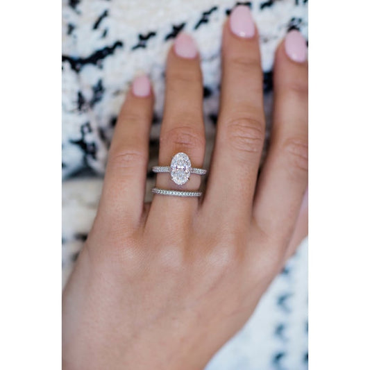 3.0ct Elongated Oval Cut Three Side Pave Diamond Moissanite Hidden Halo Engagement Ring