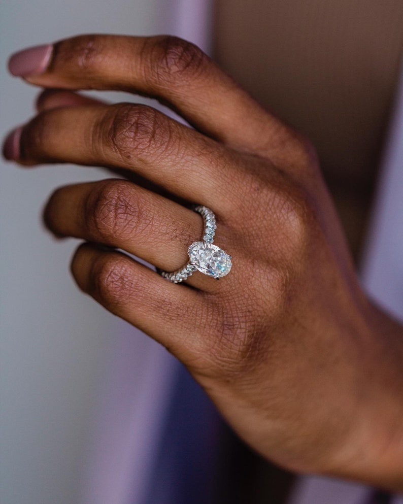 4.10ct Elongated Oval Cut Hidden Halo Diamond Moissanite Pave Engagement Ring