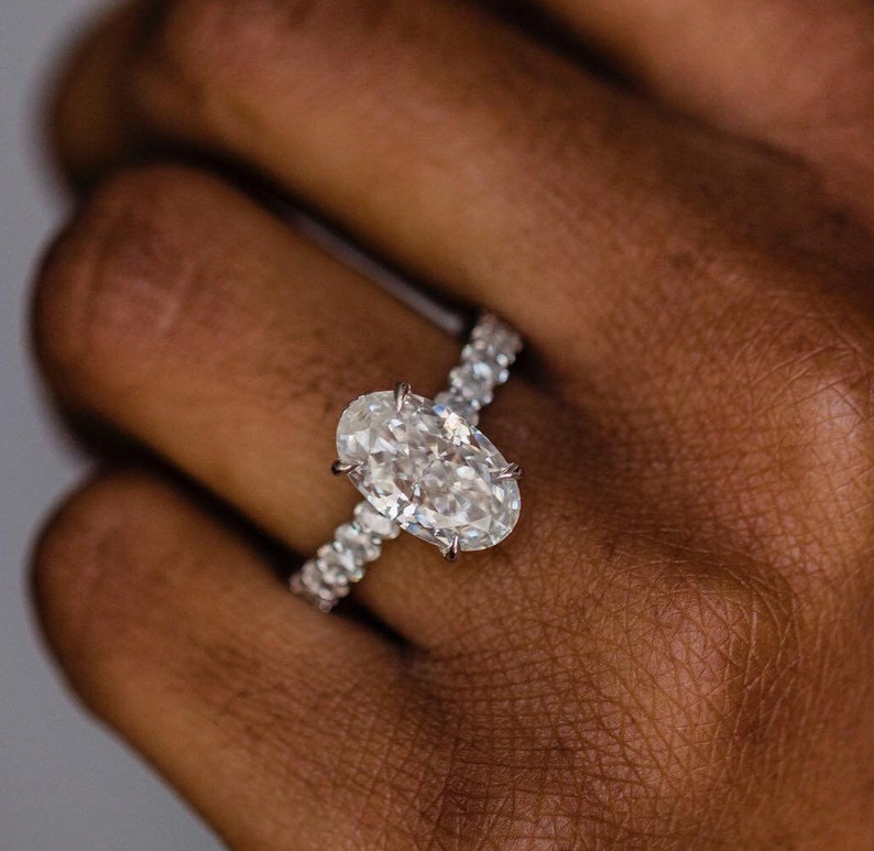 4.10ct Elongated Oval Cut Hidden Halo Diamond Moissanite Pave Engagement Ring