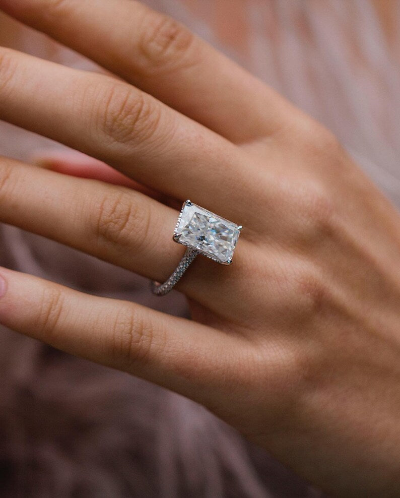 7.45ct Elongated Radiant Cut Hidden Halo Moissanite Diamond Engagement Ring