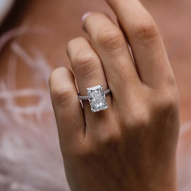 7.45ct Elongated Radiant Cut Hidden Halo Moissanite Diamond Engagement Ring