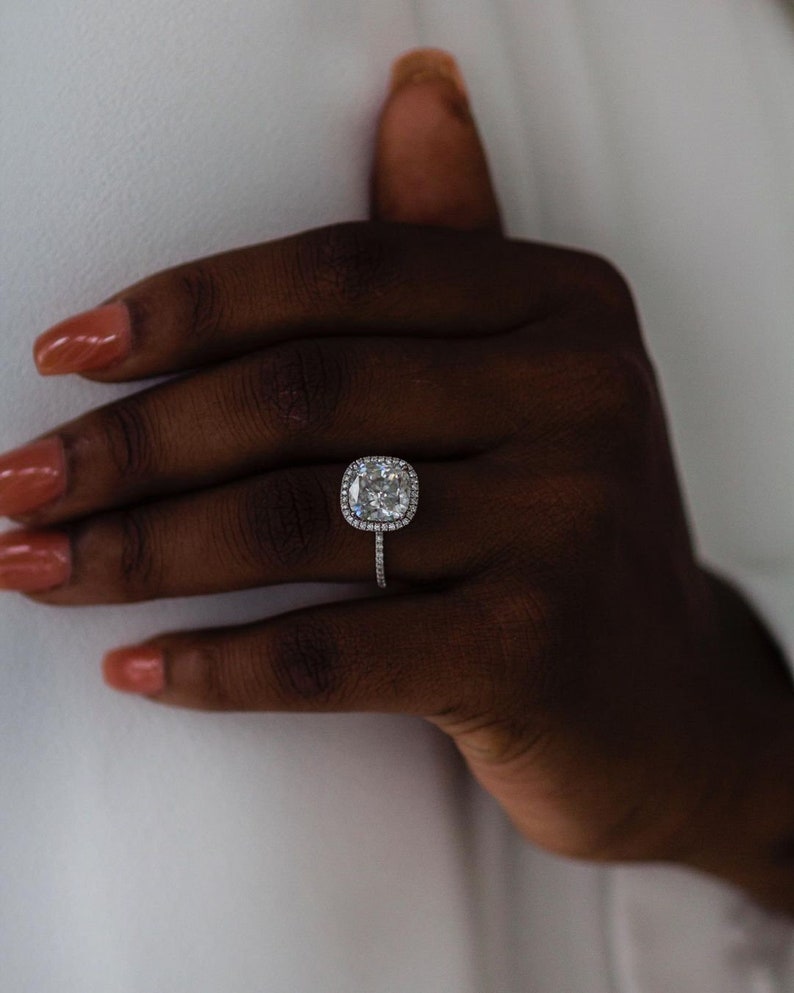 3.65ct Cushion Cut Halo Moissanite Diamond  Pave Engagement Ring