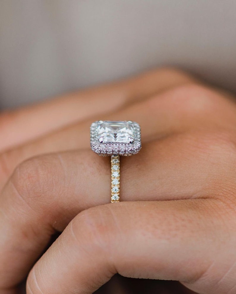 2.75ct Asscher Cut Halo Moissanite Diamond Pave Engagement Ring