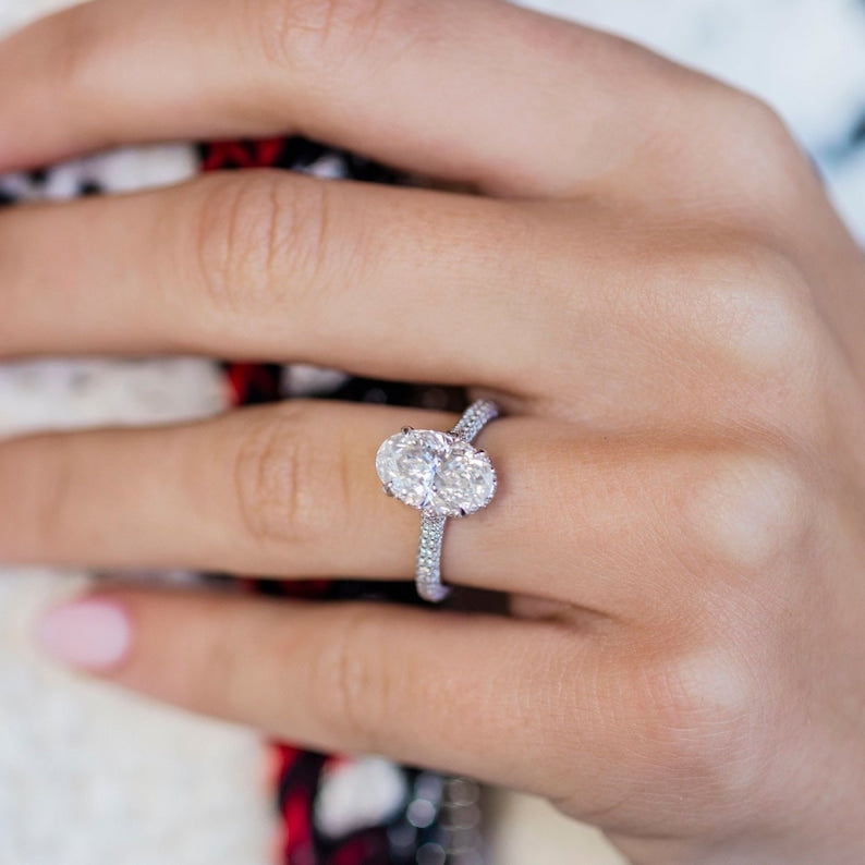3.0ct Elongated Oval Cut Three Side Pave Diamond Moissanite Hidden Halo Engagement Ring