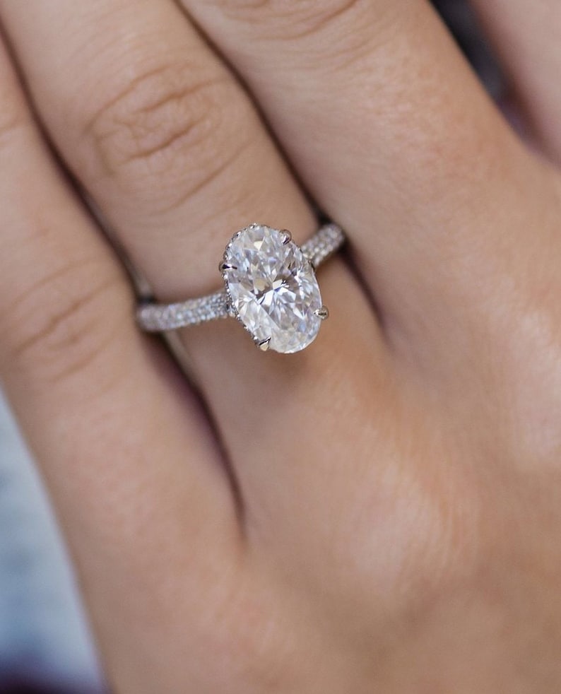 3.0ct Elongated Oval Cut Three Side Pave Diamond Moissanite Hidden Halo Engagement Ring