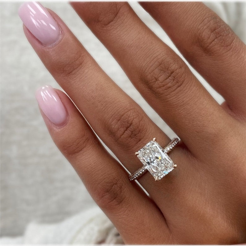 2.57 CT Radiant Moissanite Hidden Halo Engagement Ring With Pave Setting