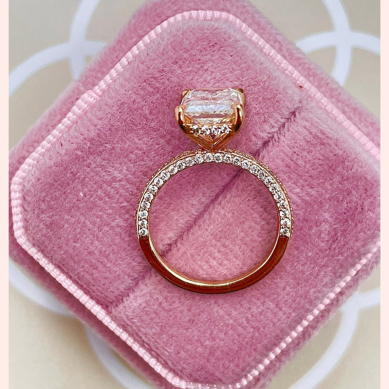 2.57 CT Radiant Moissanite Hidden Halo Engagement Ring With Pave Setting
