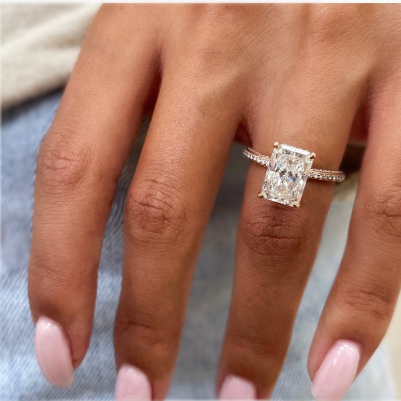 2.57 CT Radiant Moissanite Hidden Halo Engagement Ring With Pave Setting
