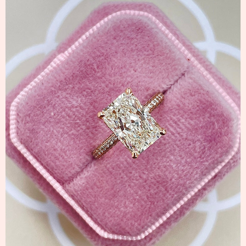 2.57 CT Radiant Moissanite Hidden Halo Engagement Ring With Pave Setting
