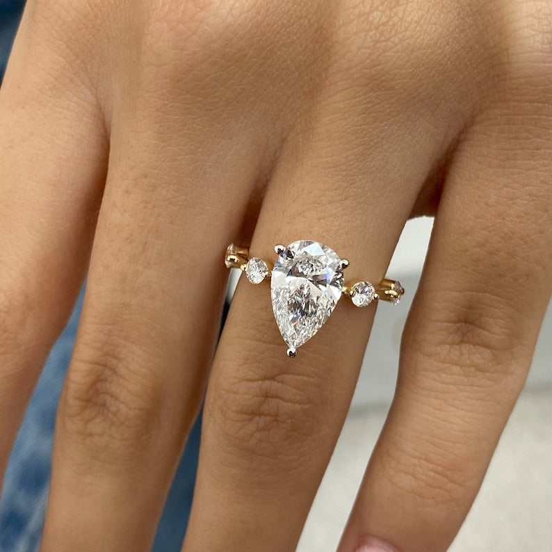 2.0 CT Pear Moissanite Dainty Two Tone Engagement Ring