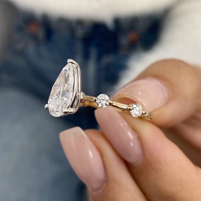 2.0 CT Pear Moissanite Dainty Two Tone Engagement Ring