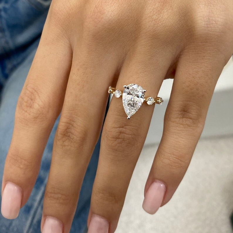 2.0 CT Pear Moissanite Dainty Two Tone Engagement Ring
