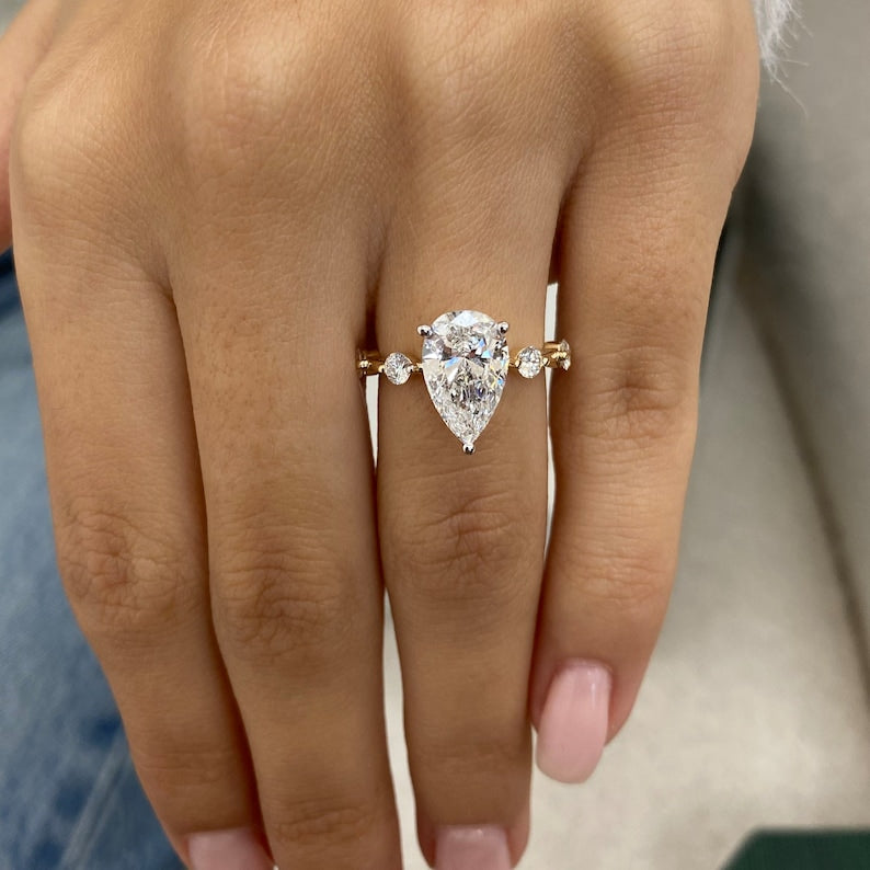 2.0 CT Pear Moissanite Dainty Two Tone Engagement Ring