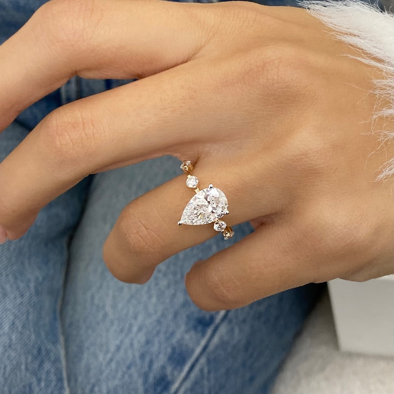 2.0 CT Pear Moissanite Dainty Two Tone Engagement Ring