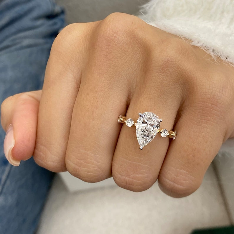 2.0 CT Pear Moissanite Dainty Two Tone Engagement Ring
