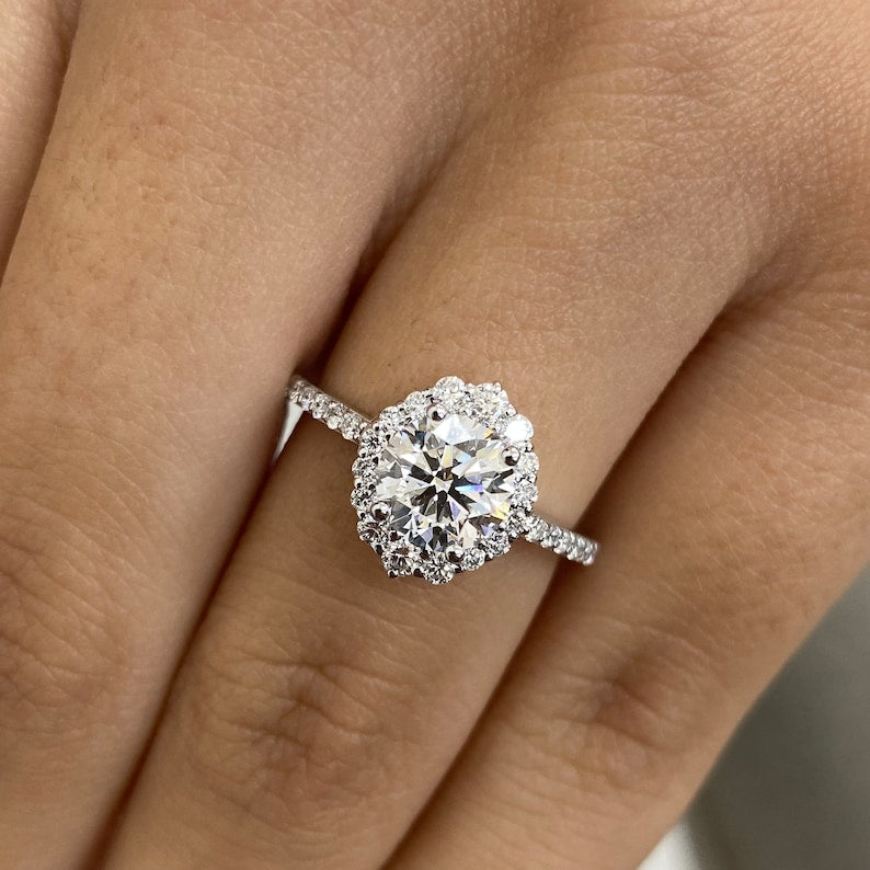 1.0 CT Round Moissanite Halo Engagement Ring With Pave Setting