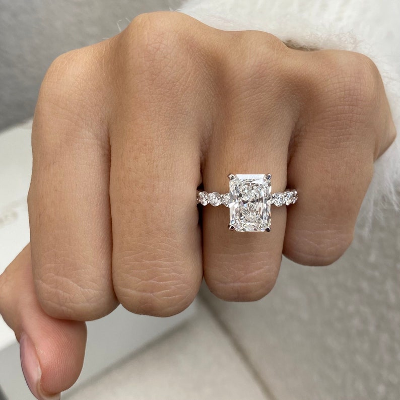 3.0 CT Radiant Moissanite Hidden Halo Engagement Ring With Pave Setting