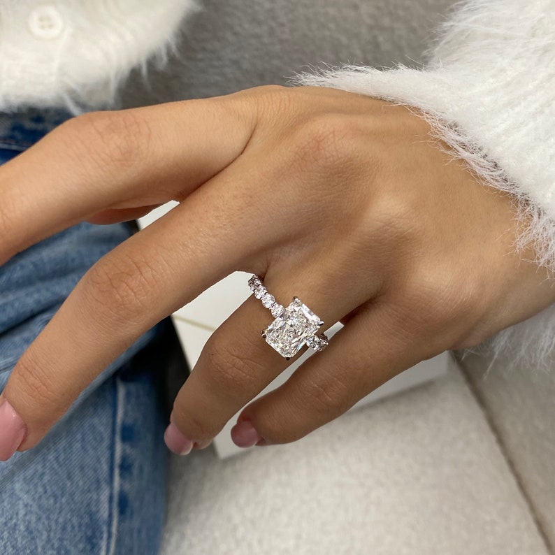 3.0 CT Radiant Moissanite Hidden Halo Engagement Ring With Pave Setting