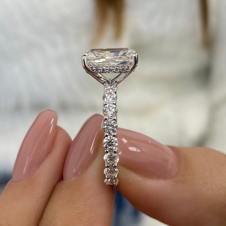 3.0 CT Radiant Moissanite Hidden Halo Engagement Ring With Pave Setting