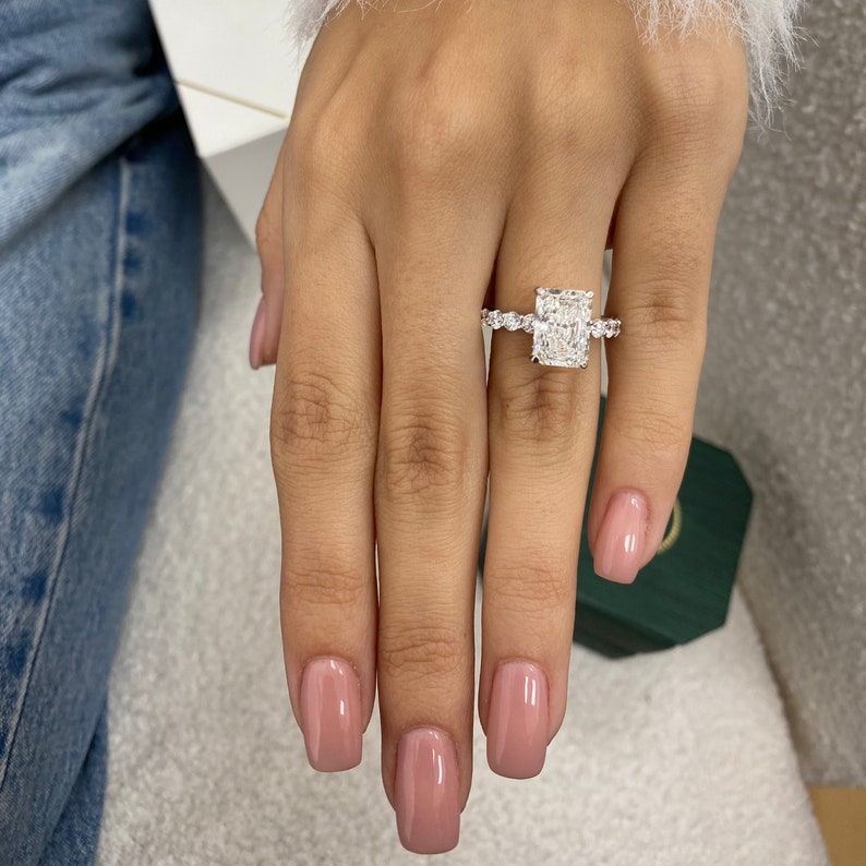 3.0 CT Radiant Moissanite Hidden Halo Engagement Ring With Pave Setting
