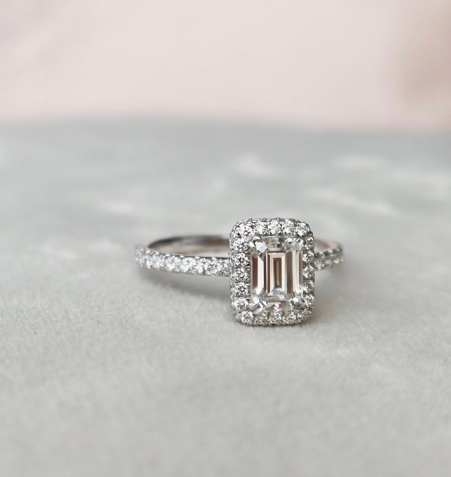 1.0 CT Emerald Cut Halo Moissanite Engagement Ring