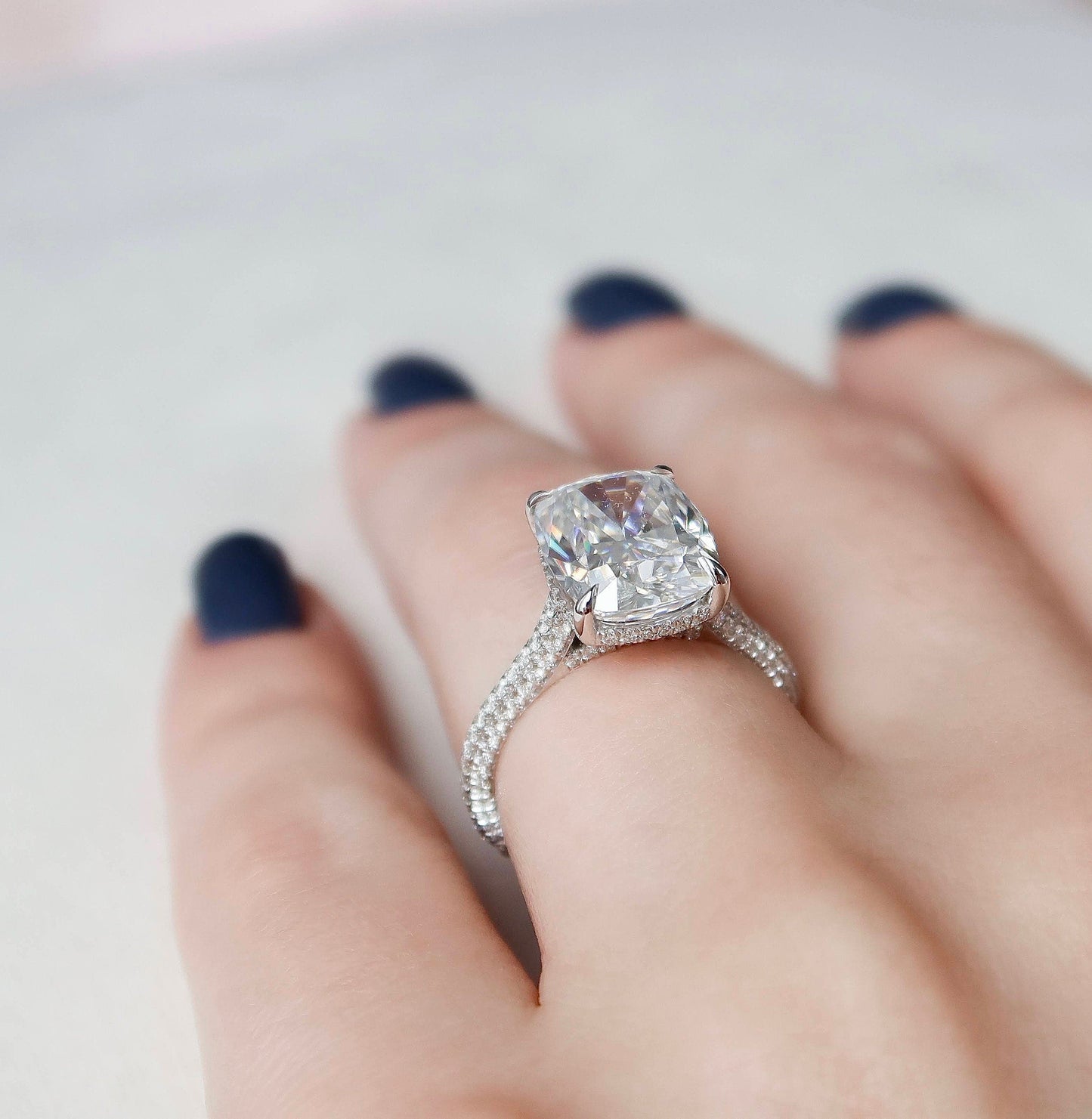 6.0CT Elongated Cushion Cut Halo Moissanite Diamond Pave Engagement Ring