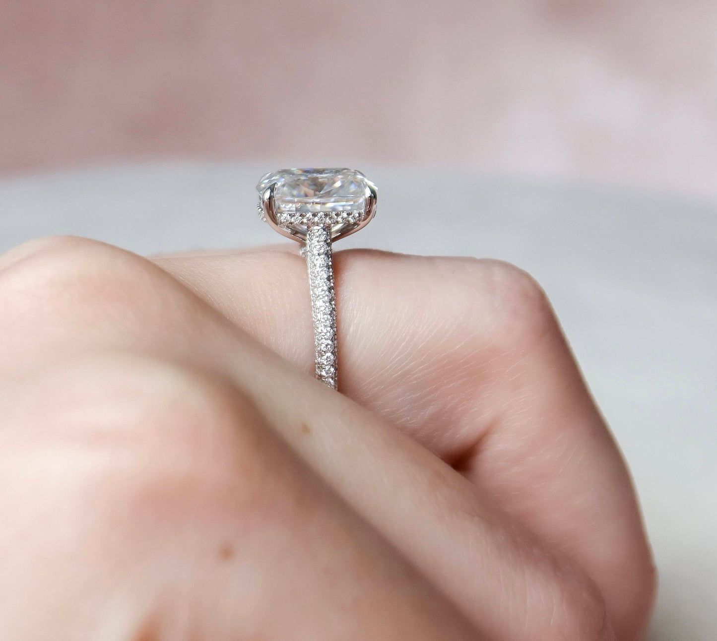 6.0CT Elongated Cushion Cut Halo Moissanite Diamond Pave Engagement Ring