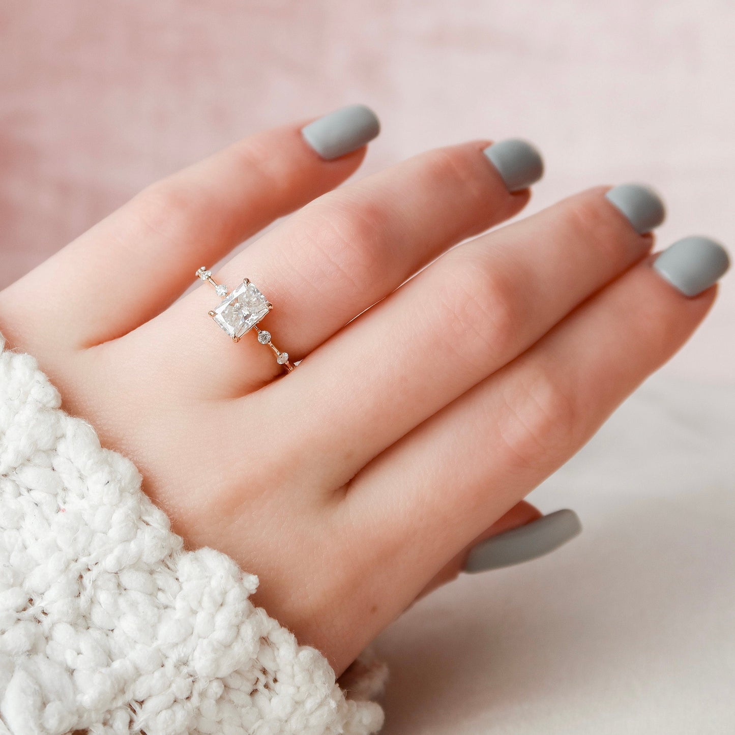 2.5CT Radiant Cut Moissanite Petite Pave Diamond Engagement Ring