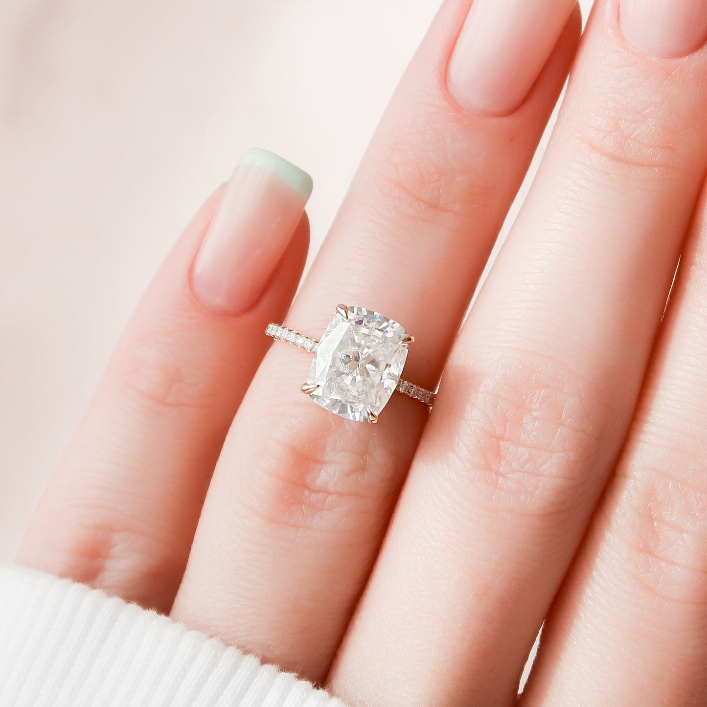 4.0CT Elongated Cushion Cut Hidden Halo Moissanite Diamond Pave Engagement Ring