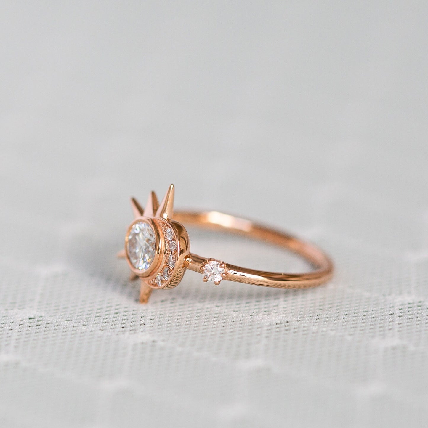 Round Moissanite Diamond Sun & Crescent Moon Engagement Ring In Solid Gold