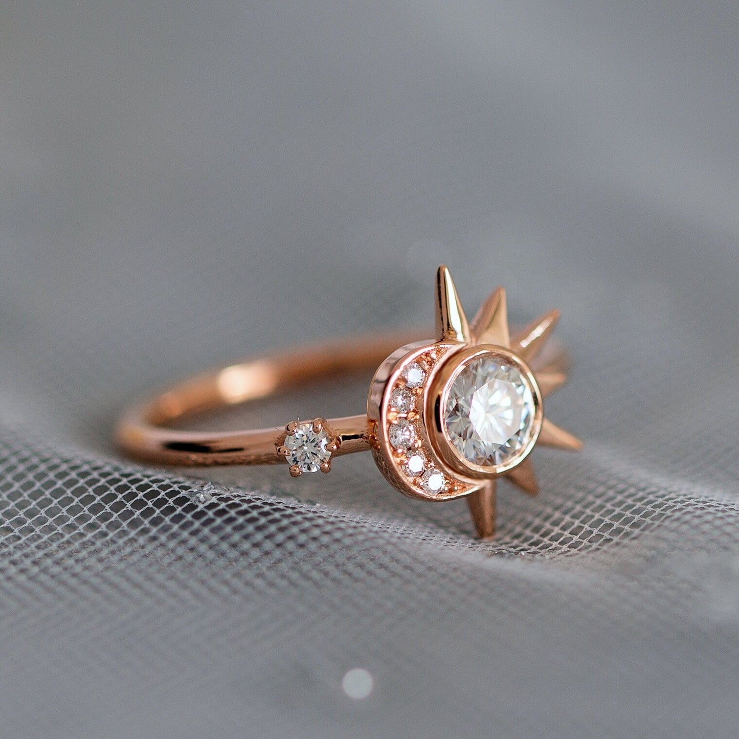 Round Moissanite Diamond Sun & Crescent Moon Engagement Ring In Solid Gold