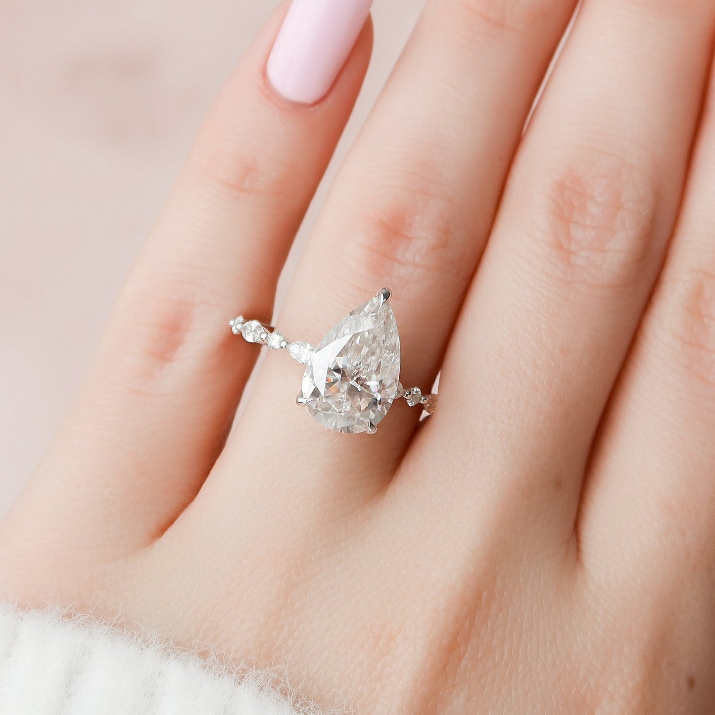 4.0CT Pear Cut Hidden Halo Moissanite Engagement Ring