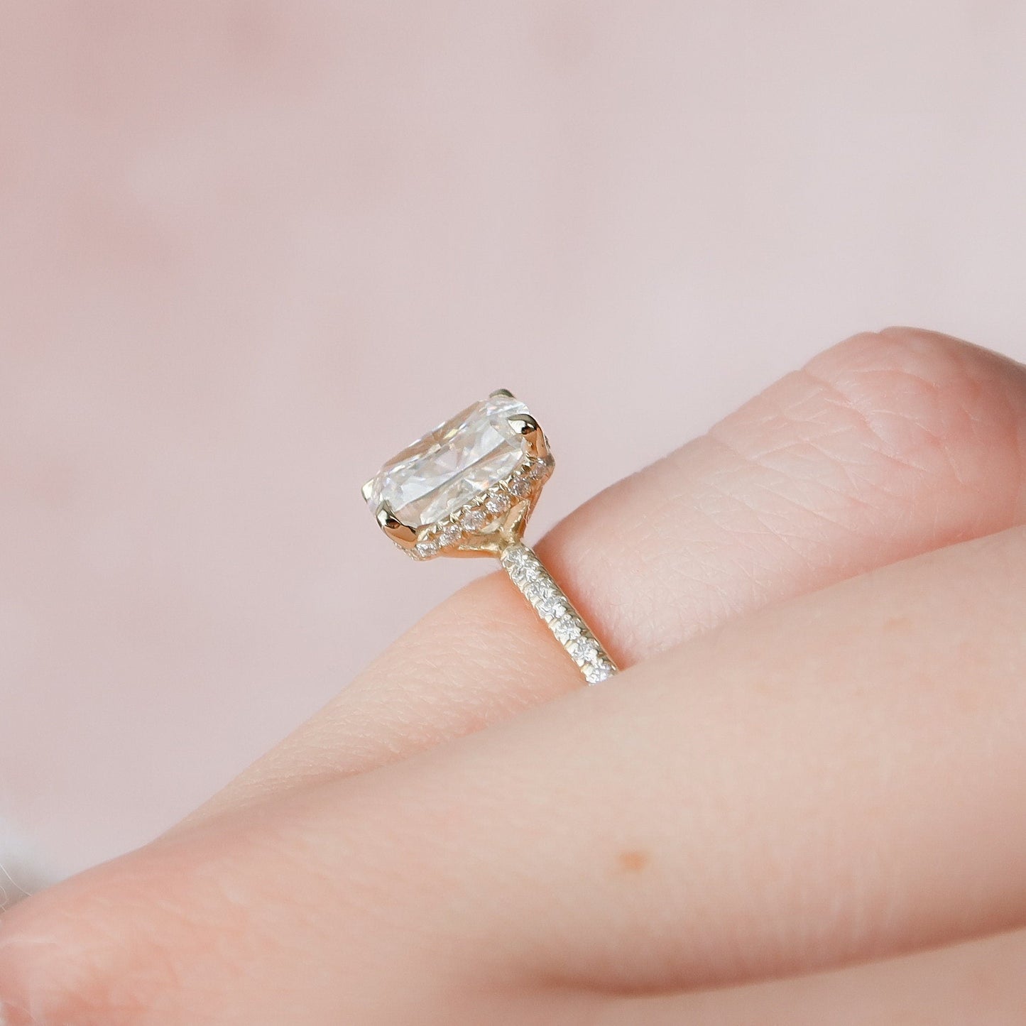 2.0CT Elongated Cushion Cut Hidden Halo Moissanite Diamond Engagement Ring