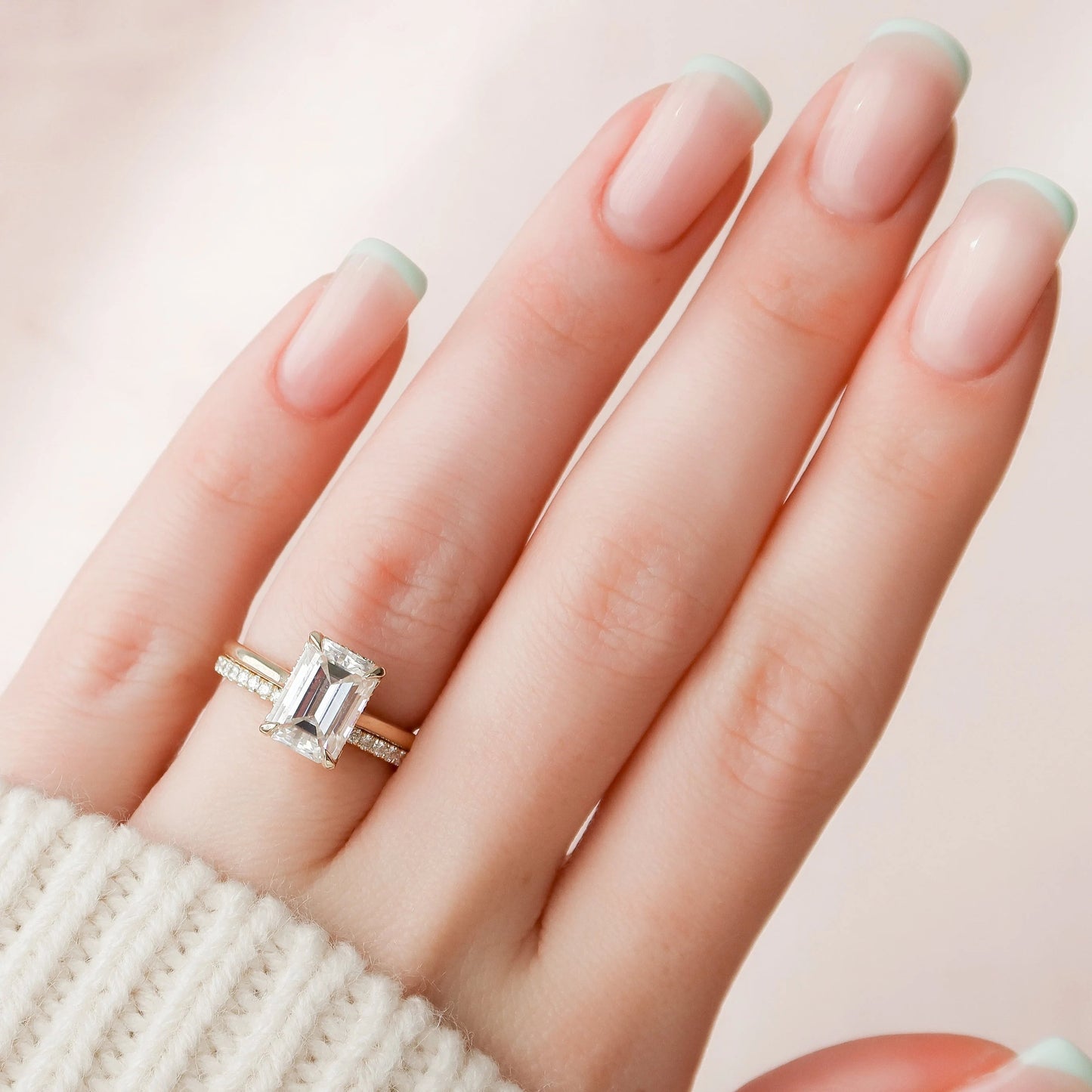 3.0CT Emerald Cut Moissanite Halo Bridal Engagement Ring Set