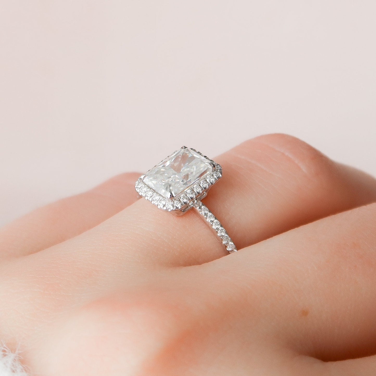 5.0CT Radiant Cut Halo Moissanite Diamond Pave Engagement Ring