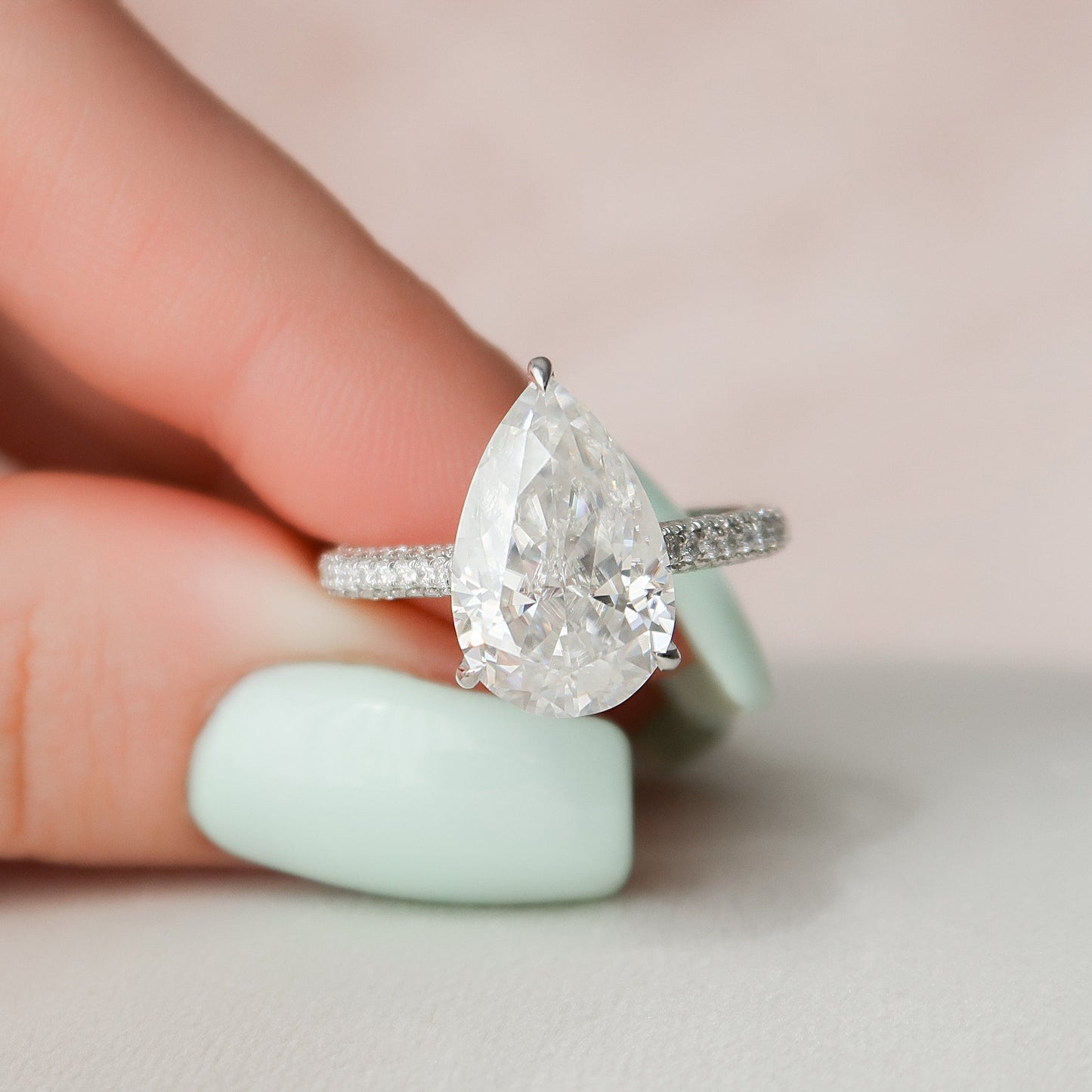 5.0CT Pear Cut Three Side Pave Moissanite Engagement Ring