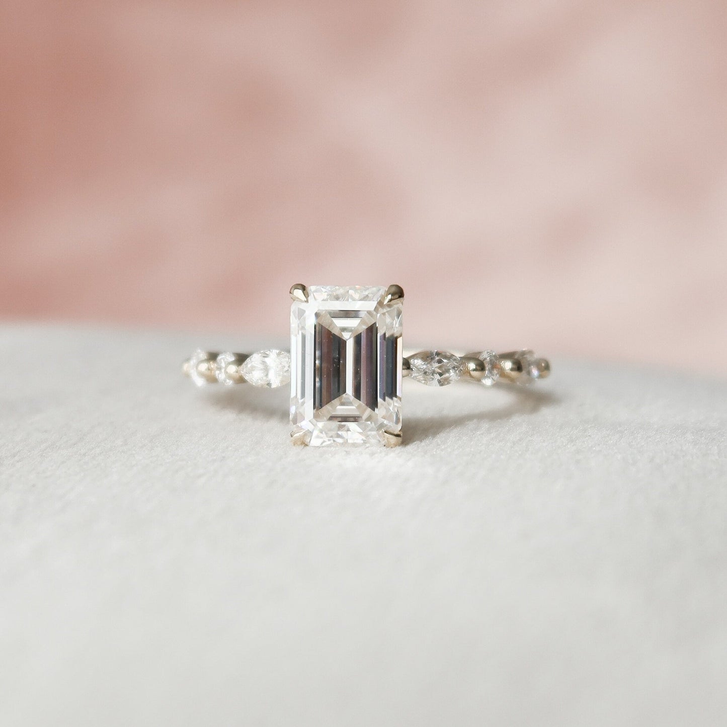 2.0CT Emerald Cut Moissanite Hidden Halo Engagement Ring