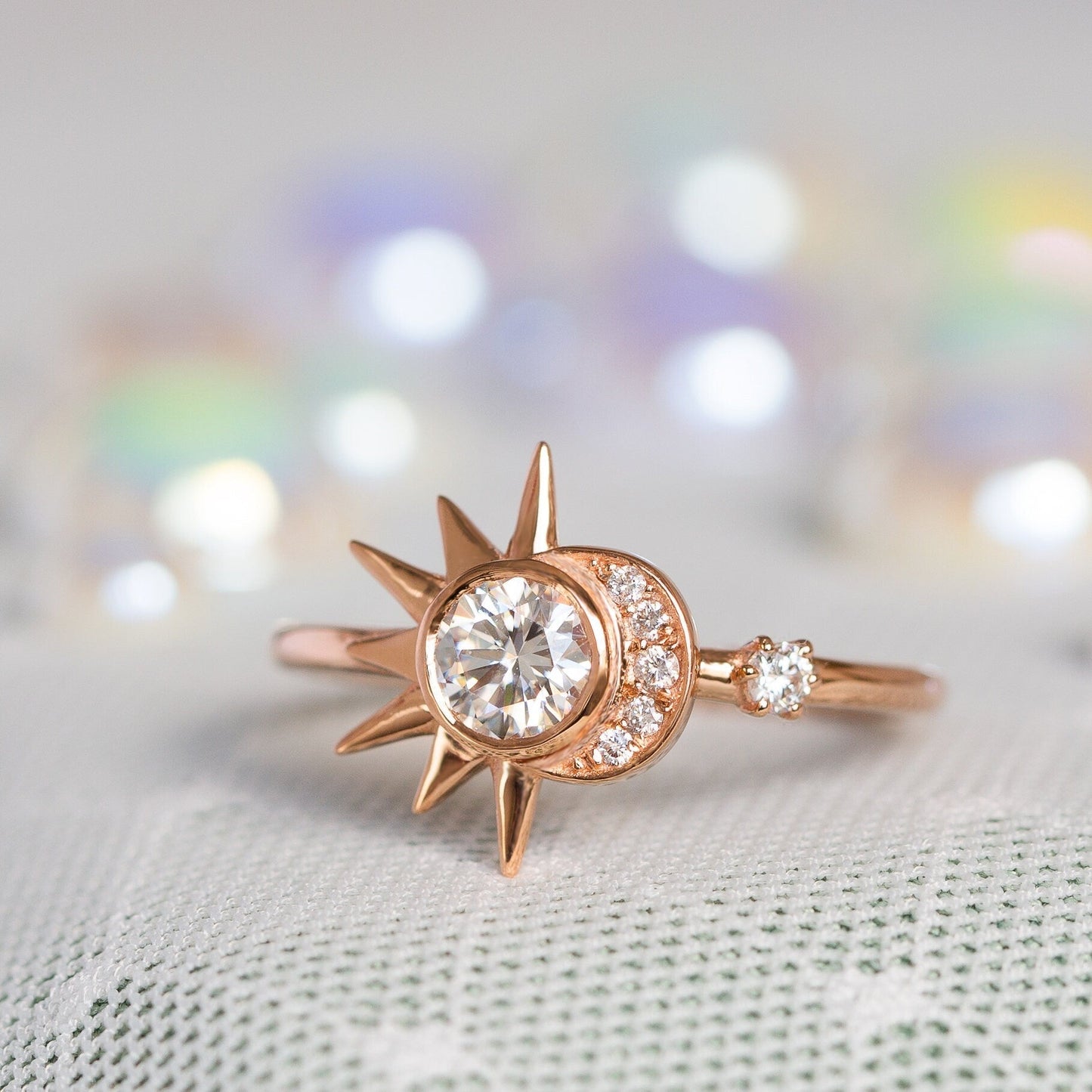 Round Moissanite Diamond Sun & Crescent Moon Engagement Ring In Solid Gold