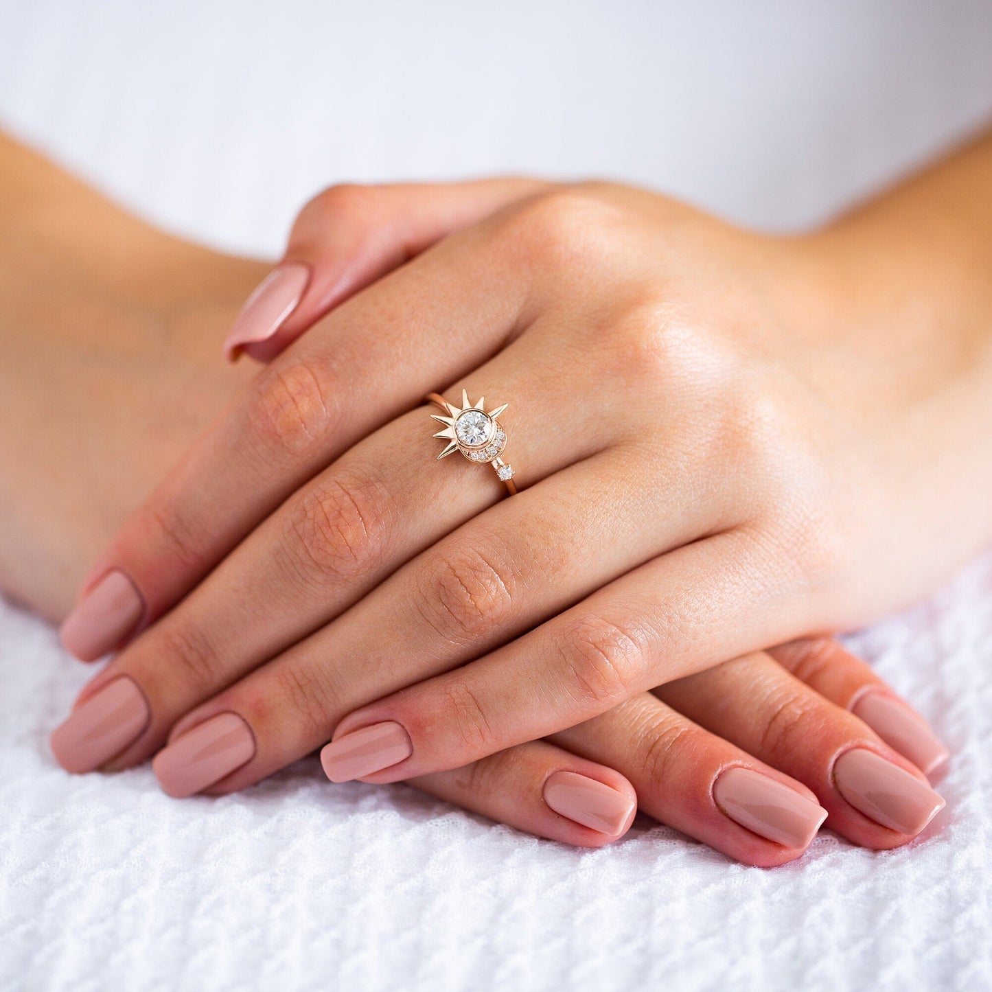 Round Moissanite Diamond Sun & Crescent Moon Engagement Ring In Solid Gold
