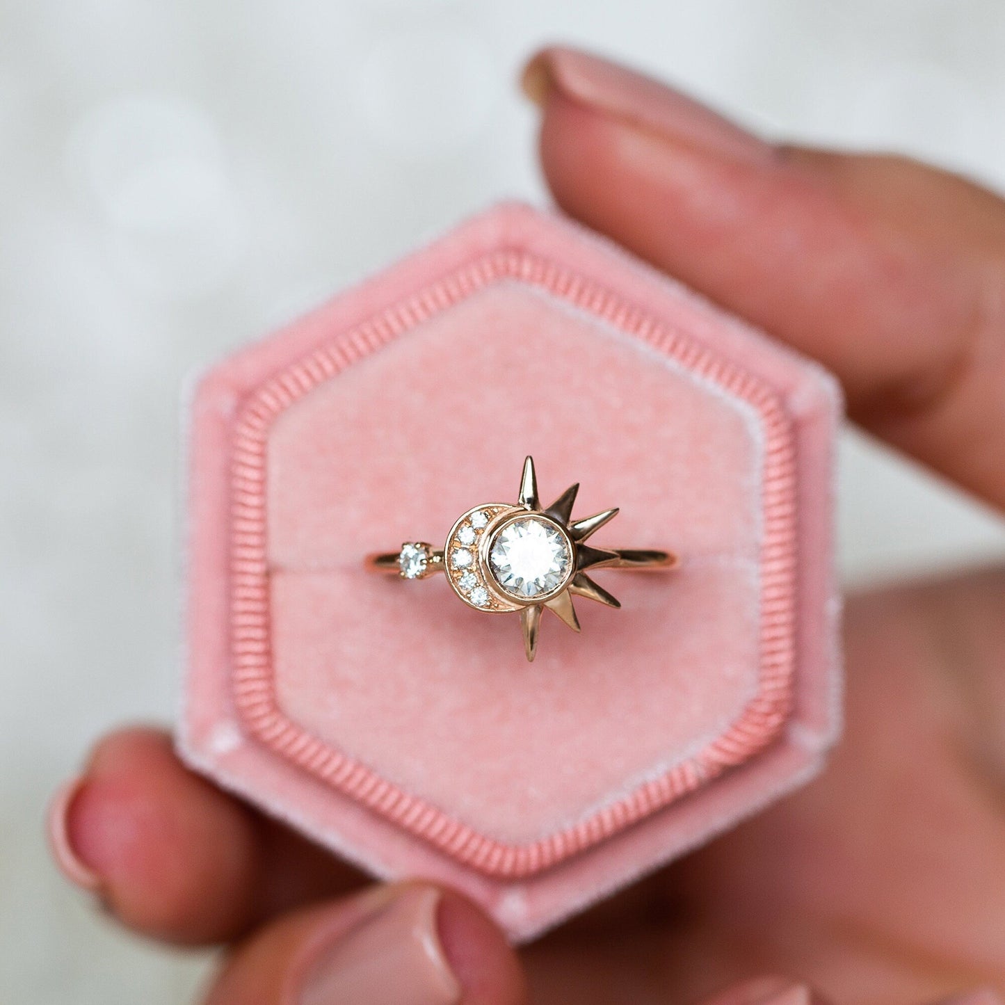Round Moissanite Diamond Sun & Crescent Moon Engagement Ring In Solid Gold