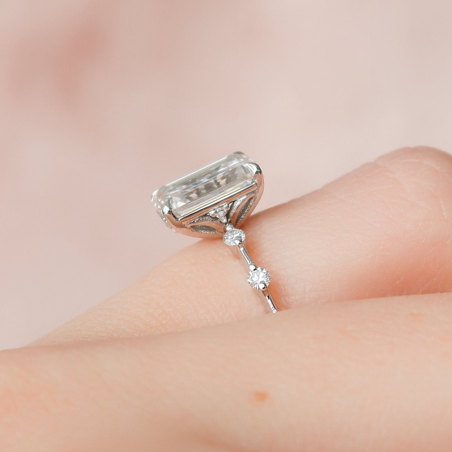2.50CT Emerald Cut Petite Pave Moissanite Diamond Engagement Ring