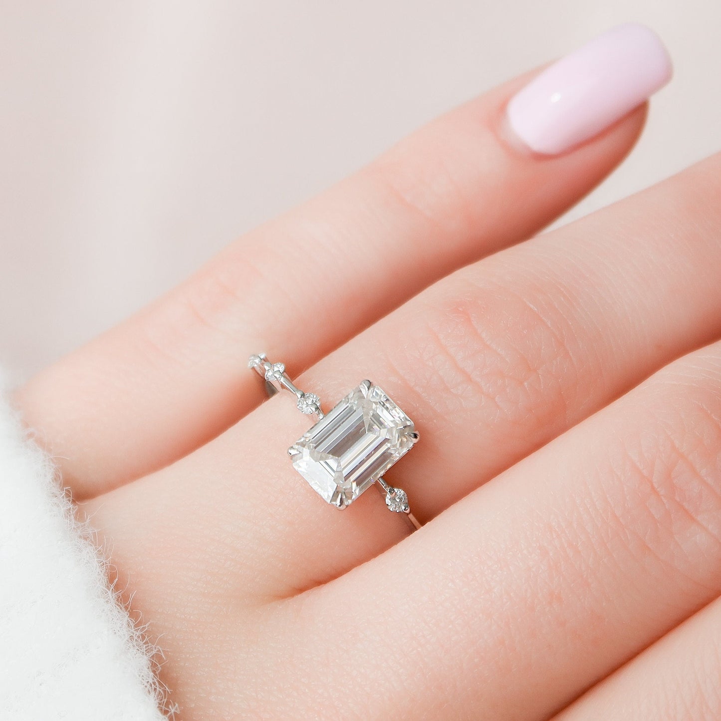 2.50CT Emerald Cut Petite Pave Moissanite Diamond Engagement Ring