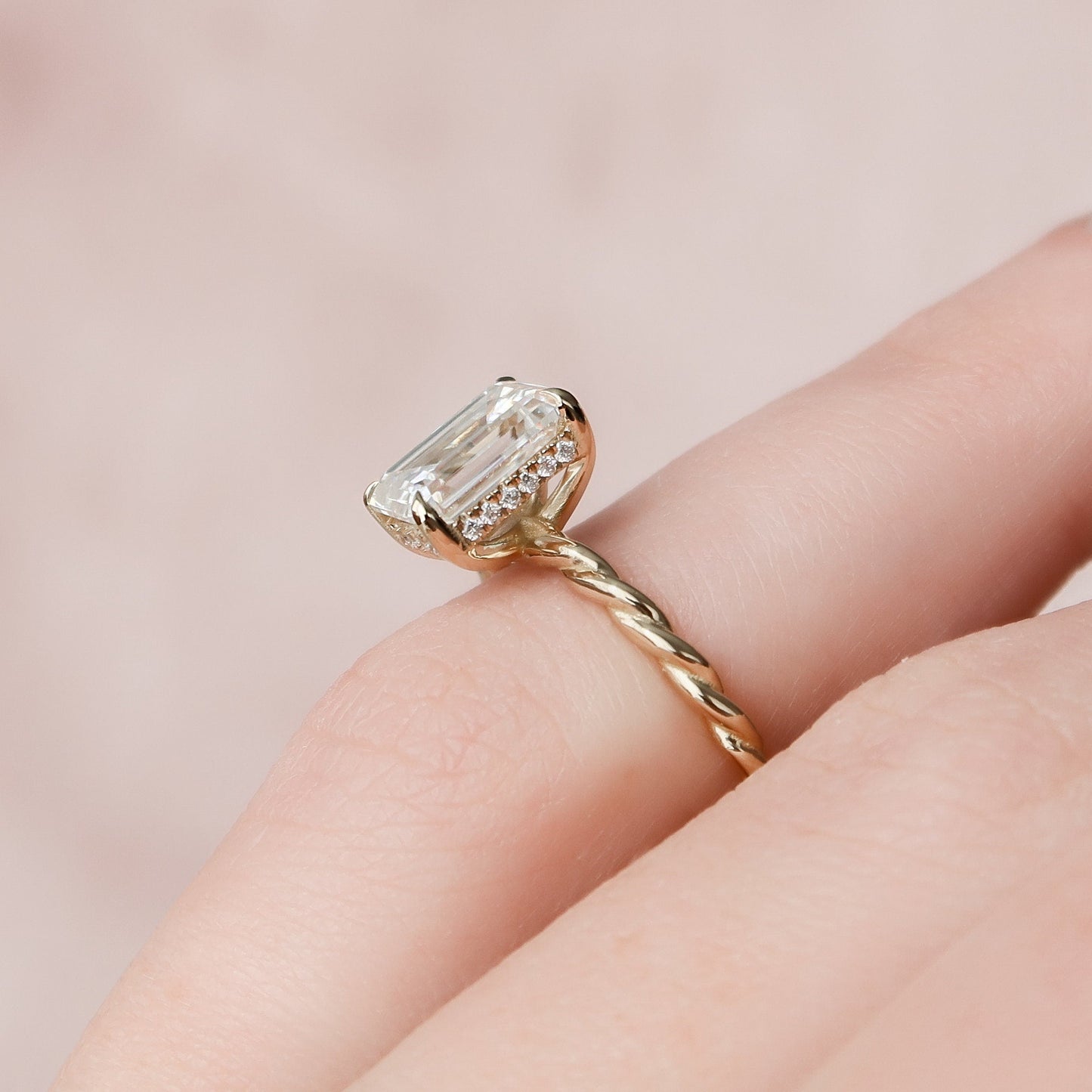 2.0CT Emerald Cut Hidden Halo Moissanite Diamond Engagement Ring