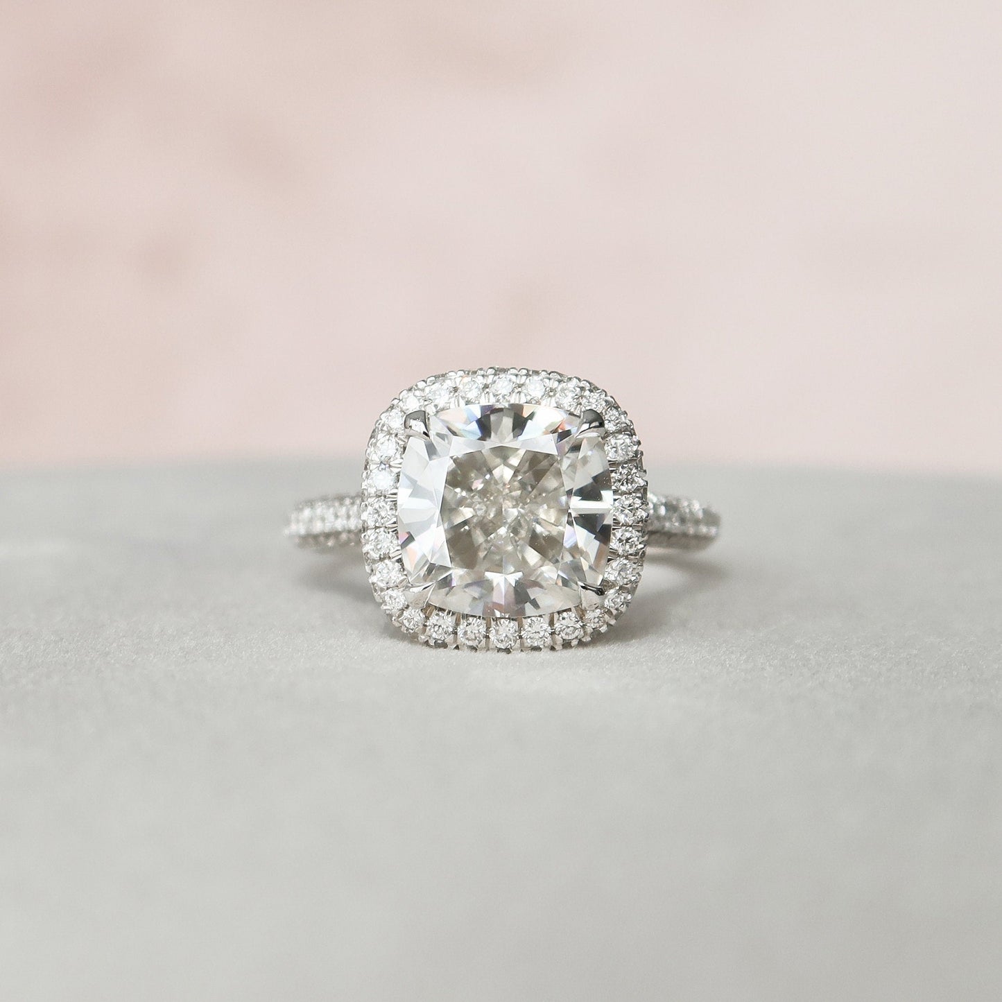 4.0CT Cushion Cut Cathedral Halo Moissanite Engagement Ring