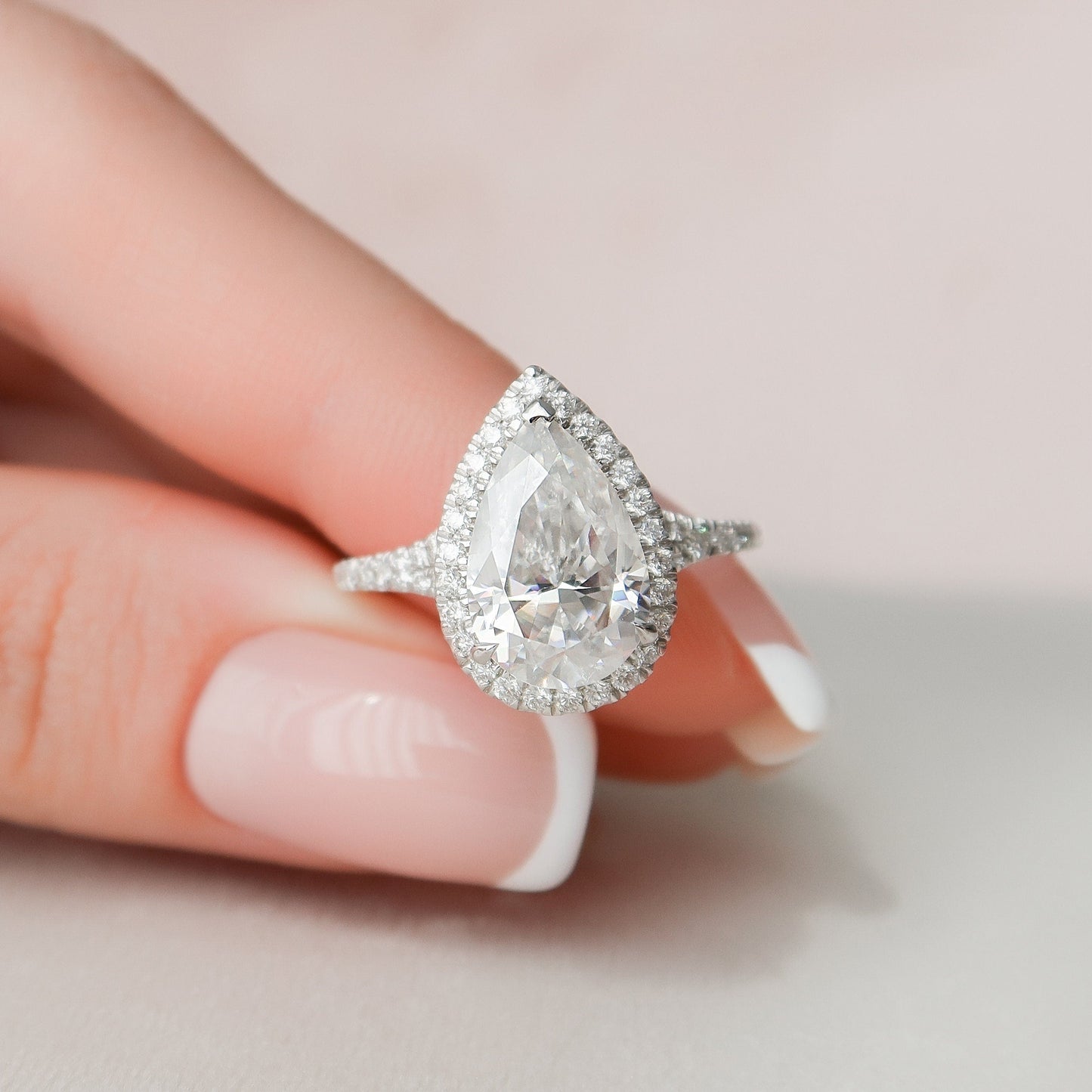 3.0CT Pear Shaped Halo Moissanite Diamond Engagement Ring