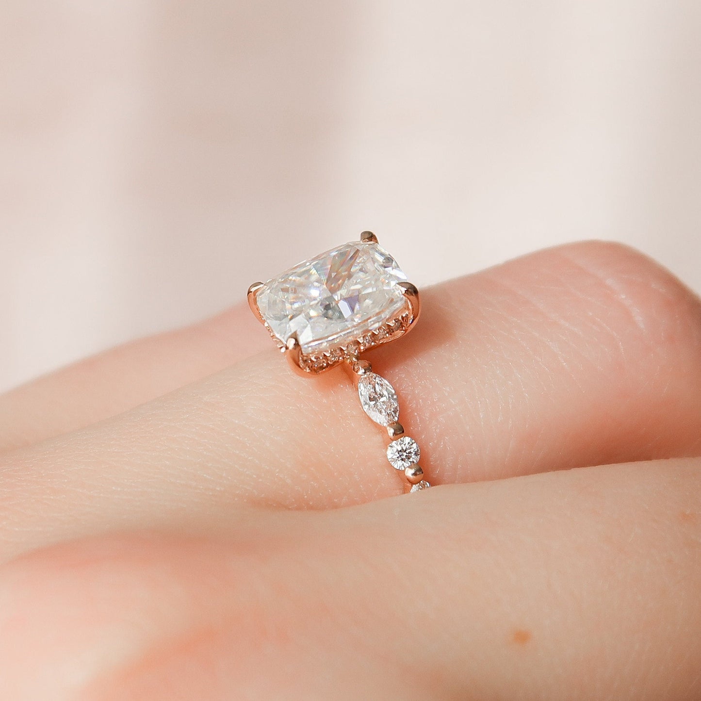 2.50CT Elongated Cushion Cut Pave Moissanite Engagement Ring