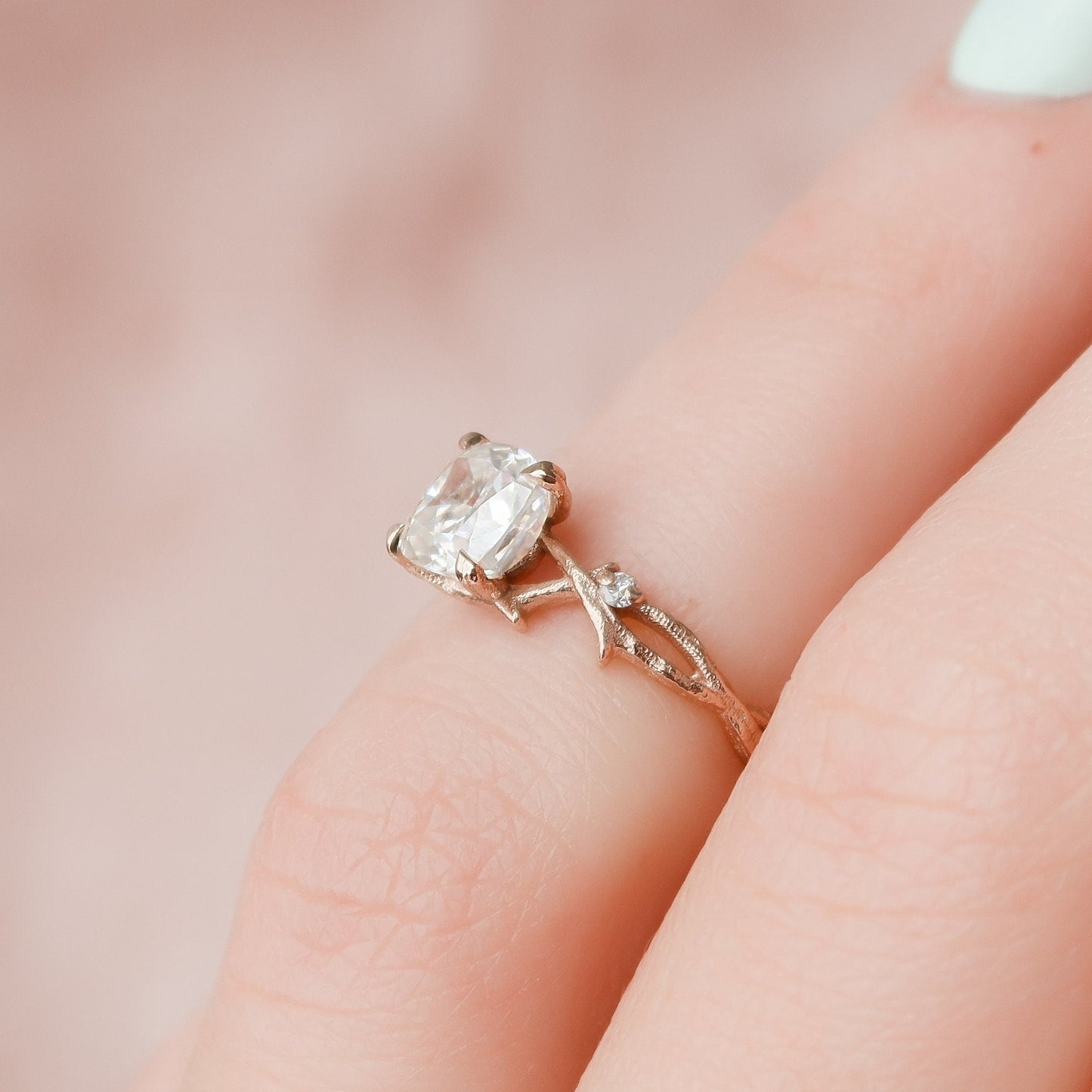 1.0CT Cushion Cut Twig Branch Moissanite Diamond Engagement Ring
