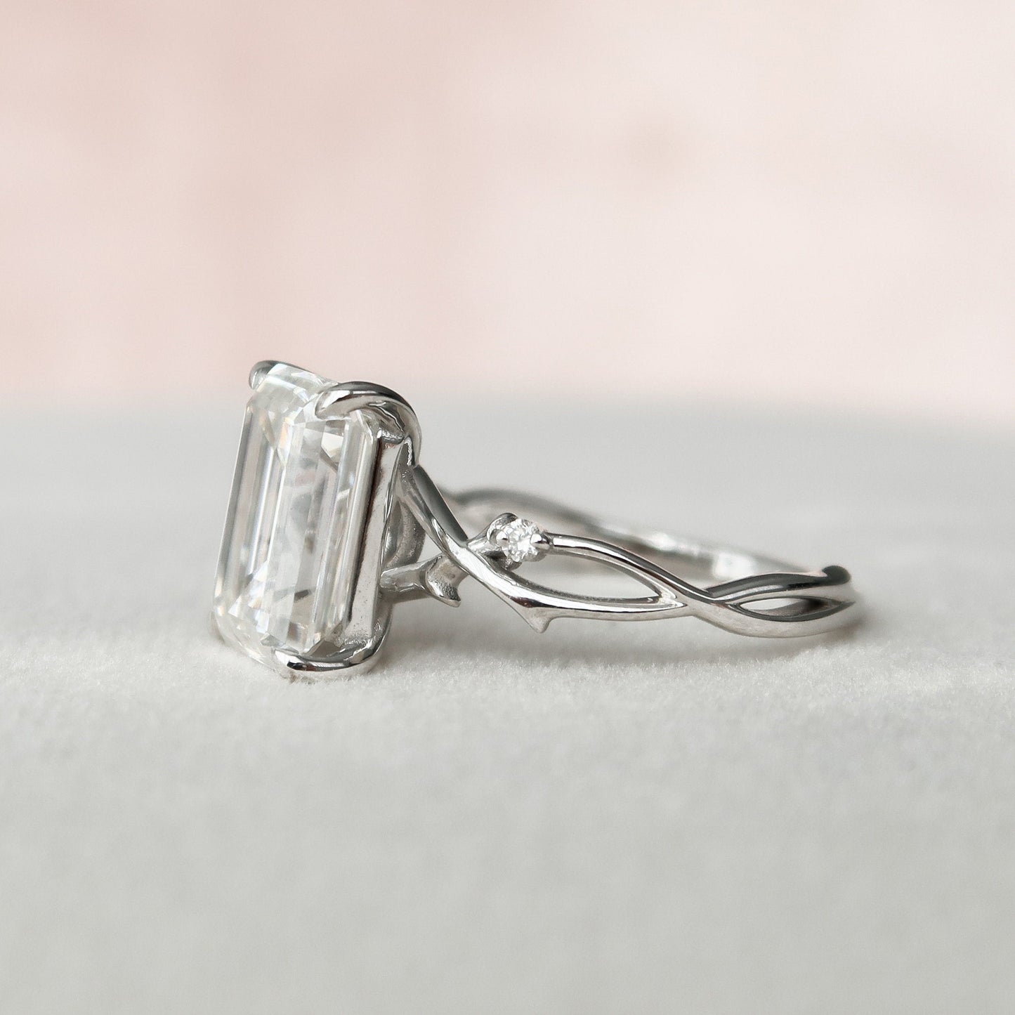 4.0CT Elongated Emerald Cut Twig Moissanite Diamond Engagement Ring